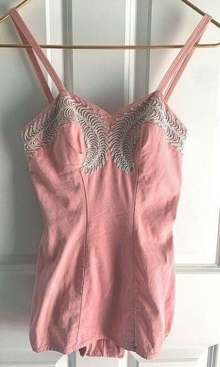 Vtg Rose Marie Reid Of California 1950s Swimsuit Pink Beaded Bead Work Size 12