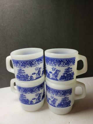 Vintage Set 4 Fire King Glass Coffee Mugs Shiny Blue Willow Pattern