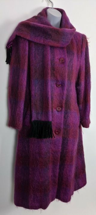 Vtg Paul Levy Women’s L Maxi Wool Mohair Coat Scarf Pink Purple Plaid Overcoat