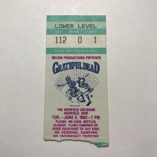 Grateful Dead Richfield Coliseum Ohio Concert Ticket Stub Vintage June 9 1992