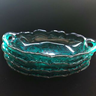 Vintage Turquoise Cut Glass Banana Split Dishes Set Of 4 Oval Bowl With Handles