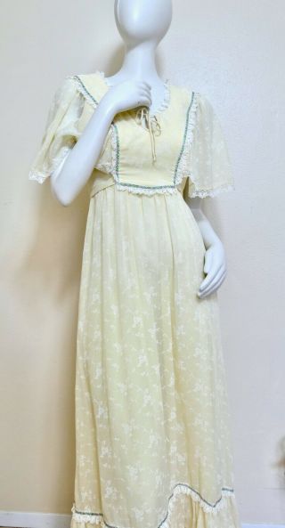 Vintage 70s Candi Jones Powder Yellow Swiss Flutter Sleeve Maxi Prairie Dress Xs
