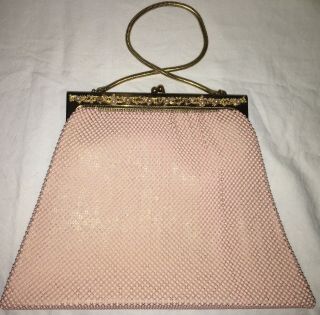 Vintage 1950s Whiting & Davis Pink Diamond Beaded Mesh Purse Evening Hand Bag