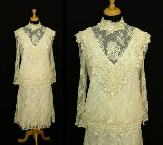 80s Vintage High Neck Lace Dress Two Piece Size 12 Ivory Bridal