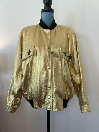 Vintage Leather By Toby Bomber Jacket Coat Metallic Gold Lame Stars Size Medium