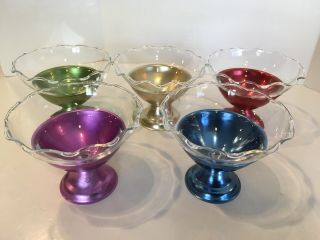 Vintage Sherbet Dessert Cups Aluminum Base Set Of 5,  Clear Glass Colored Bases