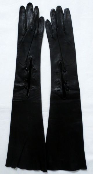 Alluring Size 7,  19 Inch Vintage Long Jet Black Italian Leather Opera Gloves