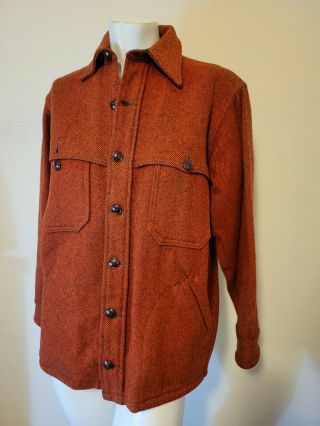 1940s 1950s Woolrich Mens Wool Striped Red Vintage Vented Shirt Jacket L