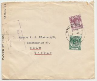 Singapore 1940 Censored Cover To Norway With 1ct Malaya Patriotic Label At Back