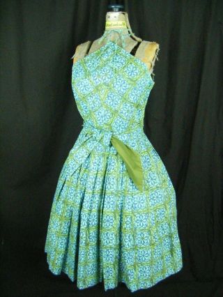 Joan Miller Jr Vtg 50s Green Blue Novelty Double Halter Full Dress - Bust 35/xs