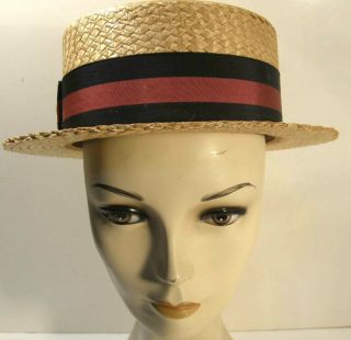 Vintage Rogers Peet Woven Straw Boater Skimmer Hat Sz 7 1/2 Italy W/hat Band