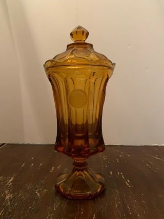 Vintage Fostoria Coin Dot Amber Glass Tall Covered Urn