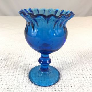 Vintage Sapphire Blue Glass Ruffled Edge Pedestal Candy Dish Compote 7in
