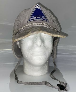 Vintage Sugarloaf Usa Gray Corduroy Hat Cap Ear Flaps