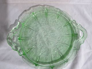 Vintage Green Vaseline Uranium Cherry Blossom Jeanette Cake Plate 2 Handle