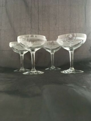 Set Of 2 Vintage Art Deco Floral Etched Crystal Cocktail Coupe Champagne Glasses