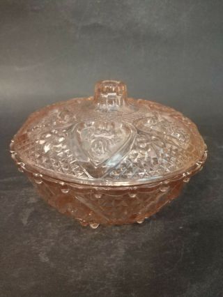 Vintage Pink Depression Glass Candy Dish W/lid " Roses In Hearts "