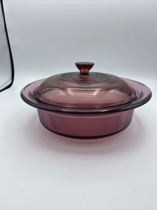 Visions Cranberry Oven Dish Round 1 Liter Covered Casserole Ribbed Sides V - 31B 2