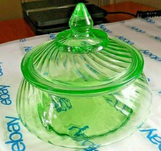 Green Depression Glass Covered Candy Dish Swirl