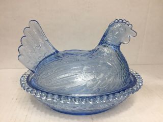 Vintage Indiana Glass Hen On Nest Light Blue Chicken Candy Dish Bowl Sa2