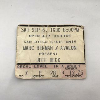 Jeff Beck San Diego State University Concert Ticket Stub Vintage September 1980