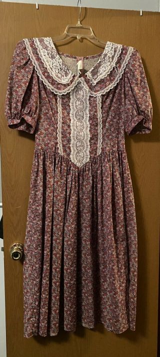 Vintage 70/80s Gunne Sax Dress Prairie Floral Print Lace Poly Cotton Blend 11/12