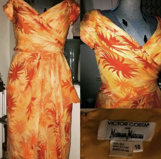 Vtg 50s Styl 80s Victor Costa Neiman Marcus Silk Garden Party Wiggle Dress M