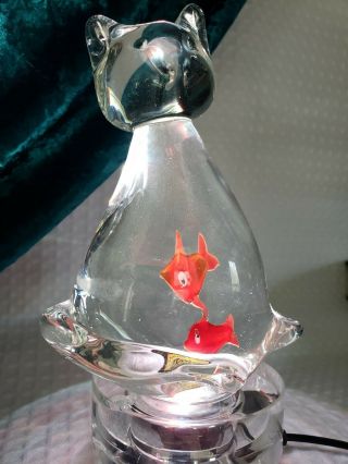 Murano Style Clear Art Glass Cat With Fish 2 Goldfish Aquarium Belly 5.  75 "