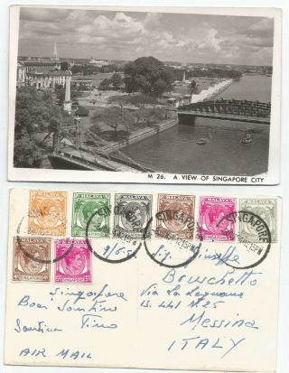 Singapore 1954 Rppc View Of Singapore City,  Sent To Italy @35c Rate W.  8 Stamps