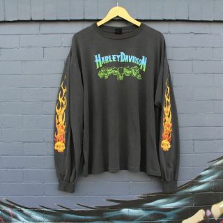 Vintage Harley Davidson T Shirt Long Sleeve Flames Black 2xl
