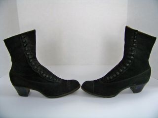 Antique Victorian Edwardian Womens Black Suede High Top Button Boots Shoes