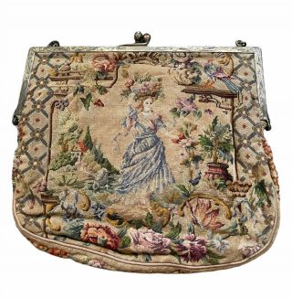 Vintage Sterling Frame Austrian Or French Petit Point Tapestry Flowers Purse Bag