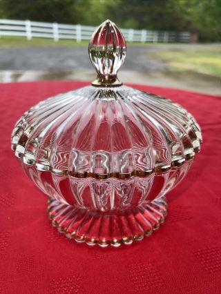 Vintage Clear Crystal Glass Candy Dish With Lid And Gold Trim