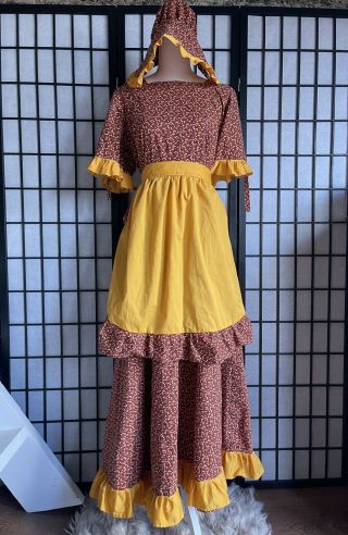 Vintage 70s Calico Prairie Dress Cottagecore Maxi Milkmaid Apron Bonnet 3pc L