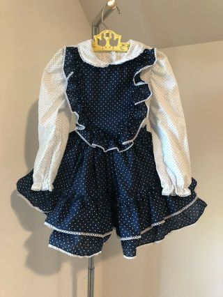 Vintage Miss Quality Blue Polka Dot Double Ruffles Lace Girl Dress Full Circle 5
