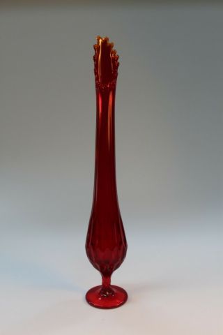Vintage Ruby Red Glass Stretch Vase 19”tall,  Viking?,  Yellow Scallop