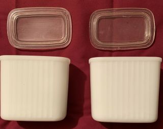 2 Vtg Fire King Oven Ware Milk Glass Refrigerator Dishes Lids 4.  5 " X 2.  5 " X 4 "