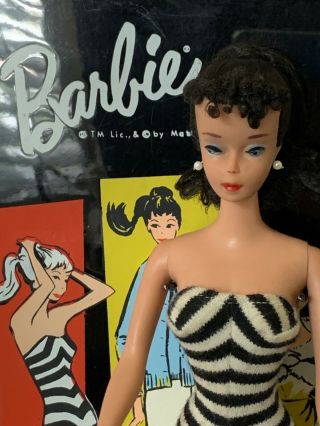 Vintage 1960 Barbie 4 Tm Brunette Ponytail W/ Wire Stand & Case