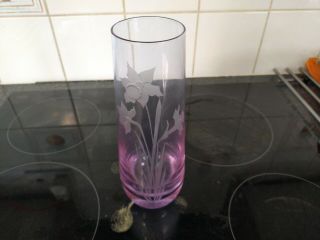 Vintage Caithness Glass Vase Pale Purple Etched Daffodil Signed