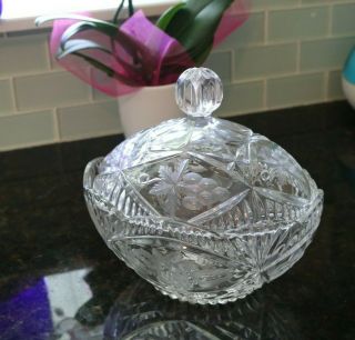Vintage Large 8 1/2 " Oval Crystal Clear Industries Covered Candy Dish Bowl