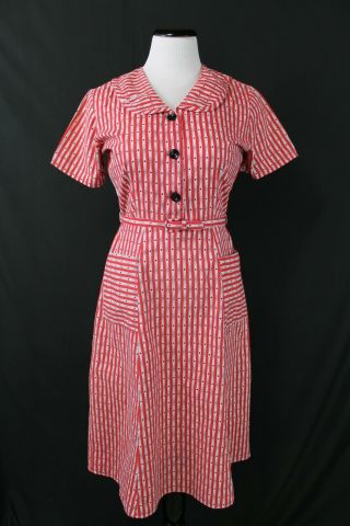 Vtg 1930s 40s Red Stripe Cotton Print Day Dress B38 " W28 " Depression Era