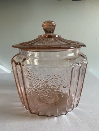 Antique Pink Depression Glass Biscuit Cookie Jar Mayfair Rose Anchor Hocking