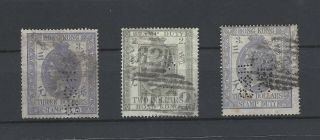 Hong Kong Qv $2 & $3 Fiscal Stamps Postally With Perfin; Sgf1,  F2; Cv£180