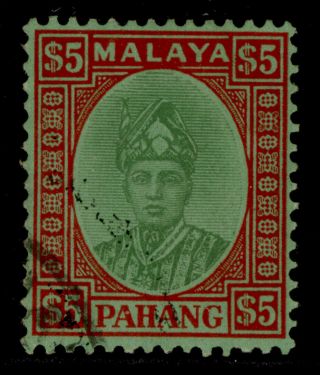 Malaysia - Pahang Gvi Sg46,  $5 Green & Red/emerald,  Fine.  Cat £90.