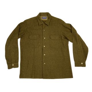 Vintage 60s Pendleton Board Shirt Wool Plaid Loop Collar Flap Pocket L Tan Brown