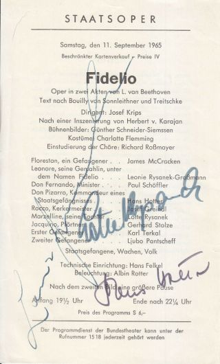 Autographed Opera Programme 1965 Vienna Leonie Rysanek Lotte Rysanek Hans Hotter