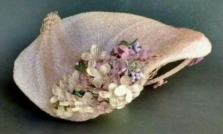 Vtg 40s 50s Lavender Purple Womens Straw Caplet Hat W/ Millinery Flowers Netting