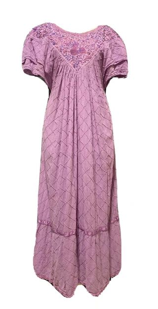 Vtg 70s Lilac Gauze Dress Pastel Floral Embroidered Mexican Caftan Lounge Maxi