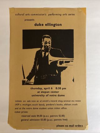 Duke Ellington 1972 Poster University Of Notre Dame Concert Stepan Center 17x11
