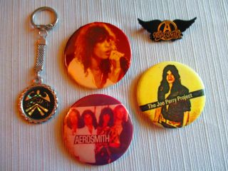 Aerosmith Keychain,  Promo Only Wing Pin,  1 Joe Perry & 1 Steven Tyler Button